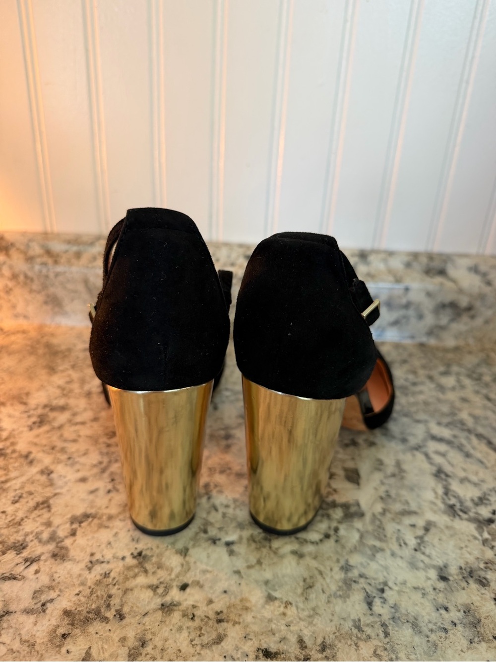 kate spade Black Suede T-Strap Block Heel Pumps with Gold Pearl Sexy Career - Picture 6 of 8
